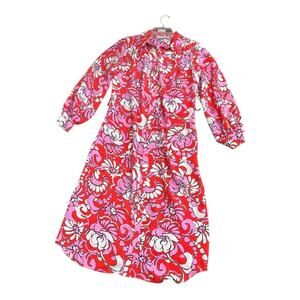 Trina Turk Midi Shirt Dress Womens Size Small Pink Red Floral Long Sleeve